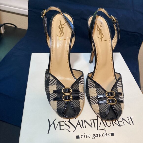 YSL Yves Saint Laurent Rive Gauche Plaid Leather Slingback Heels Peep Toe 38 - Picture 1 of 6